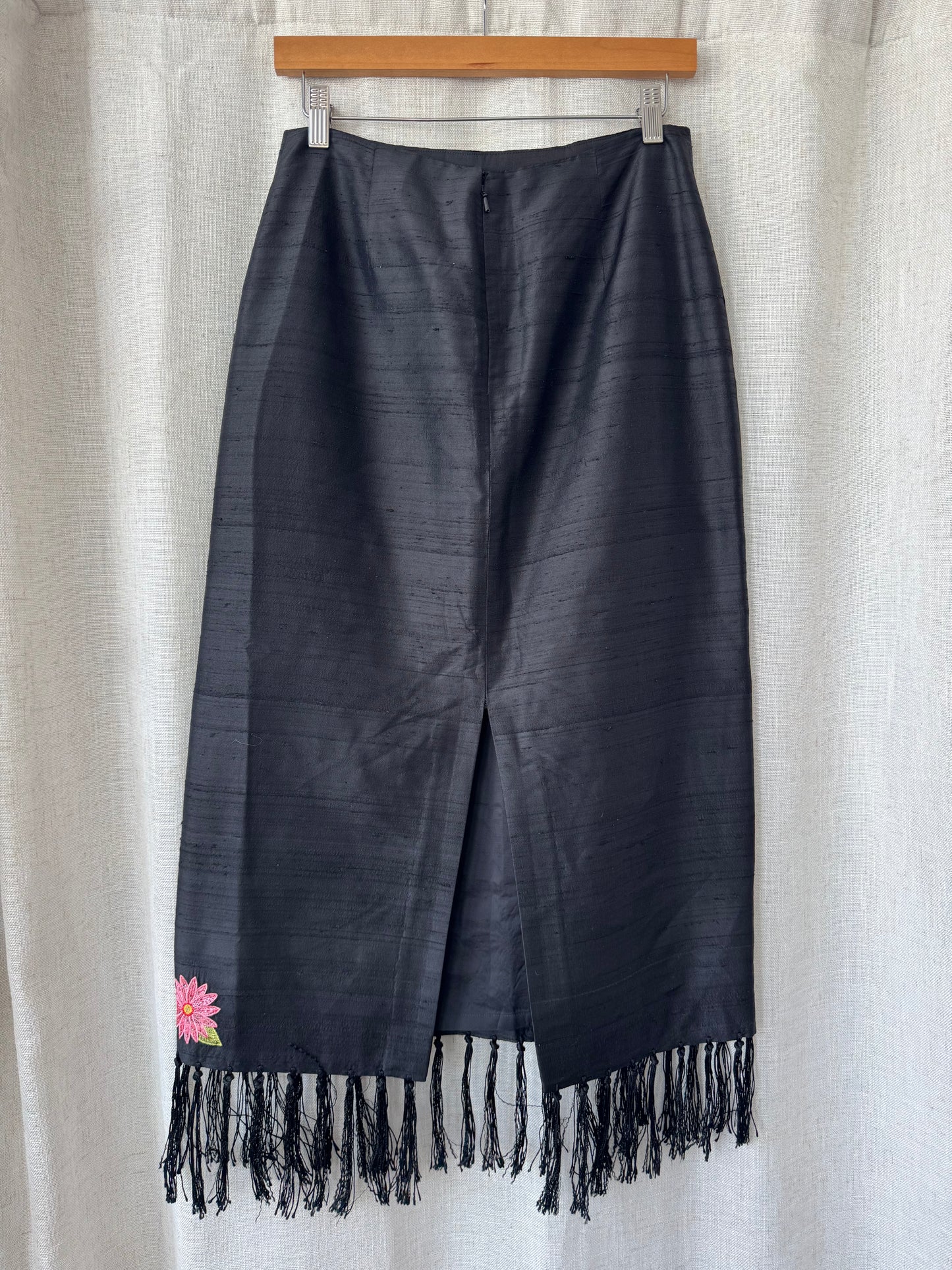 Embroidered Silk Fringe Skirt