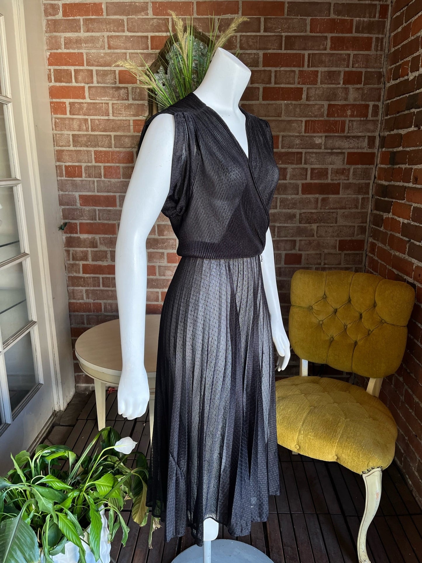 1980s Sheer Black Pleated Dress