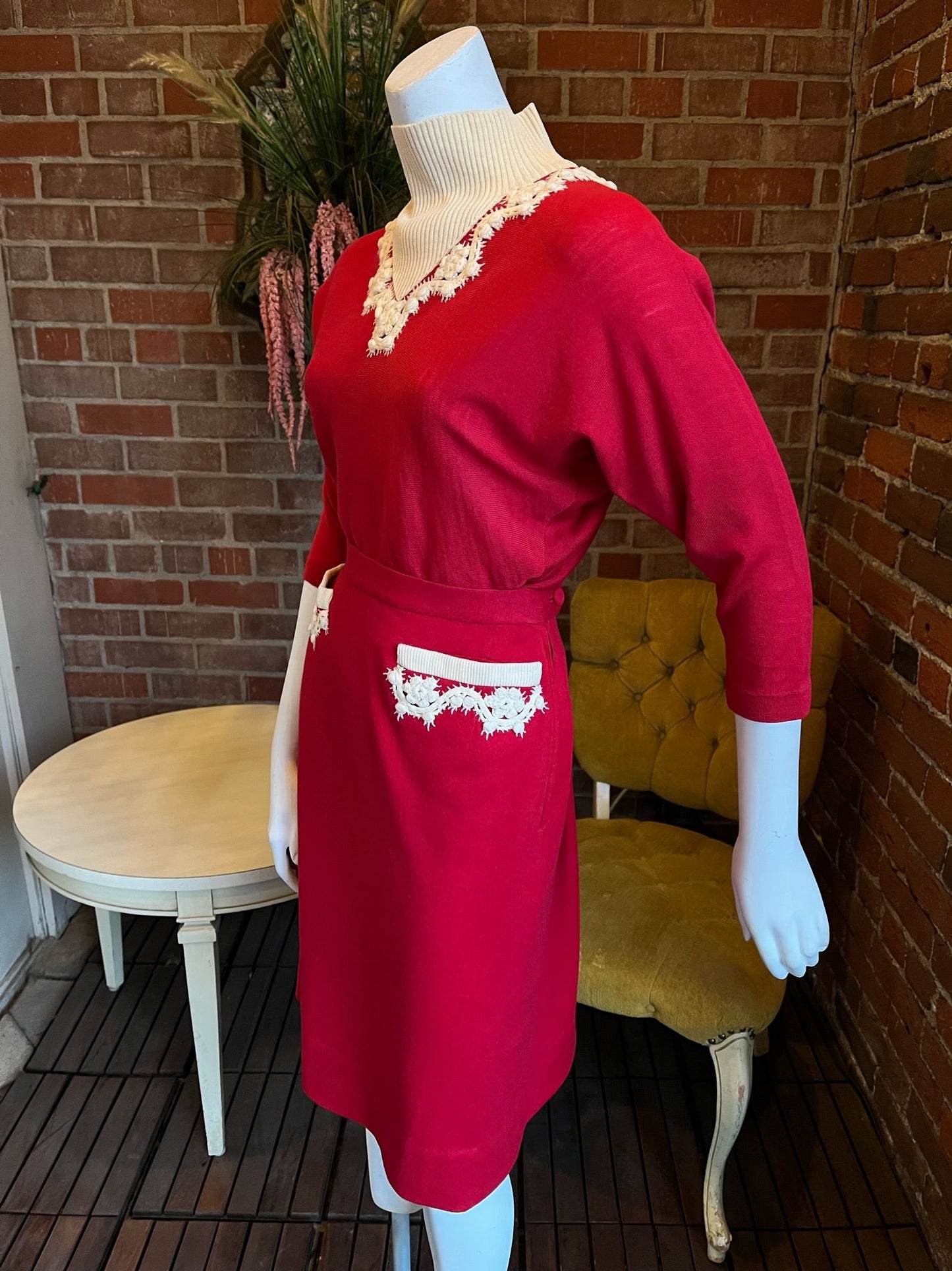 1950s Austrian Knit Sweater Skirt Set Cherry Red