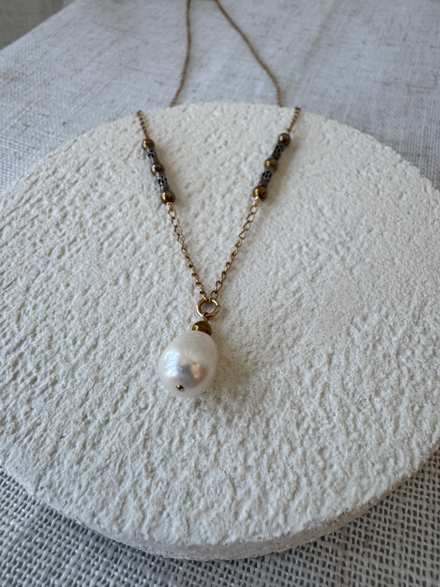 Teardrop Pearl and Bali Beads Necklace