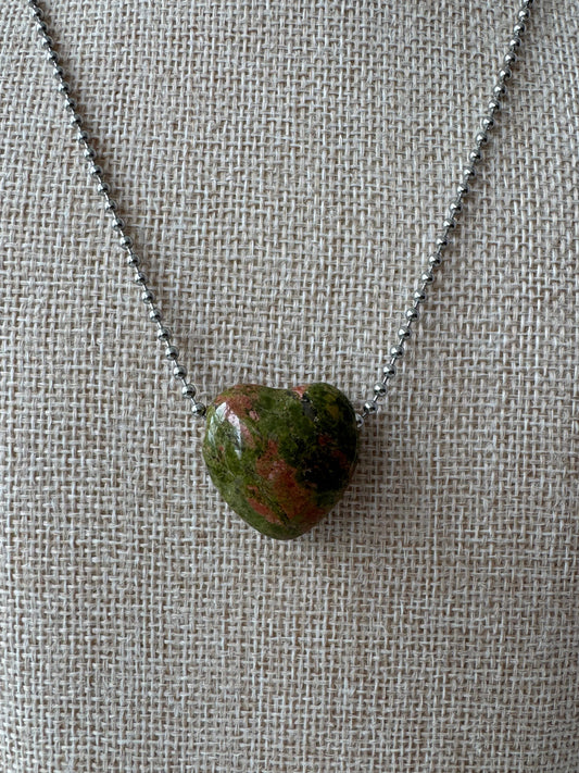 Unakite Green Heart Necklace
