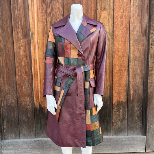 1970s Burgundy Ox Blood Patchwork Leather Trench