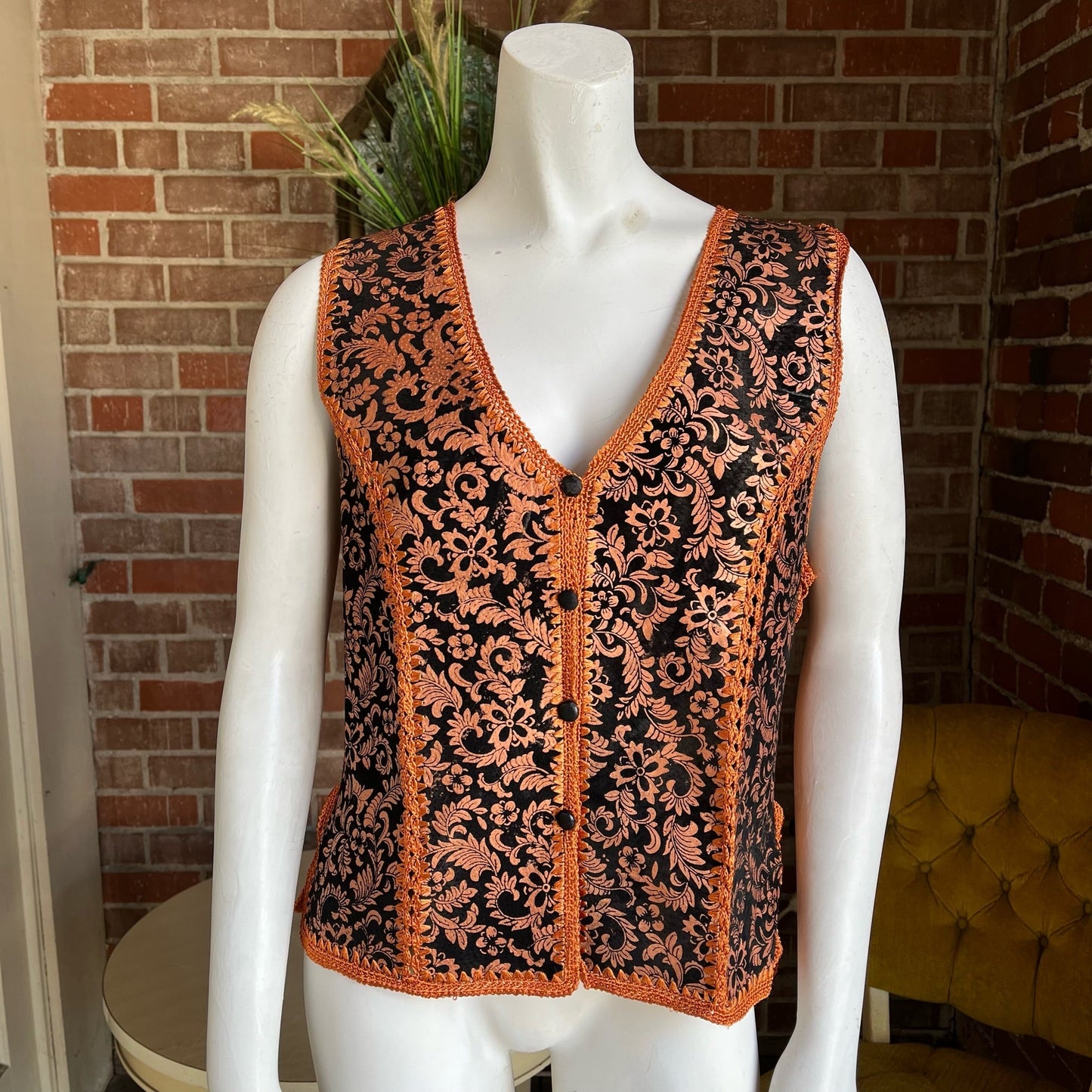 1970s Copper Bronze Hand-painted Crochet Suede Vest