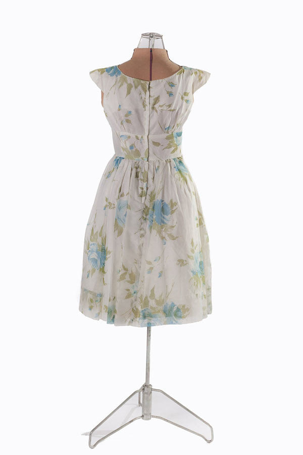 1950s Blue Floral Chiffon Party Dress