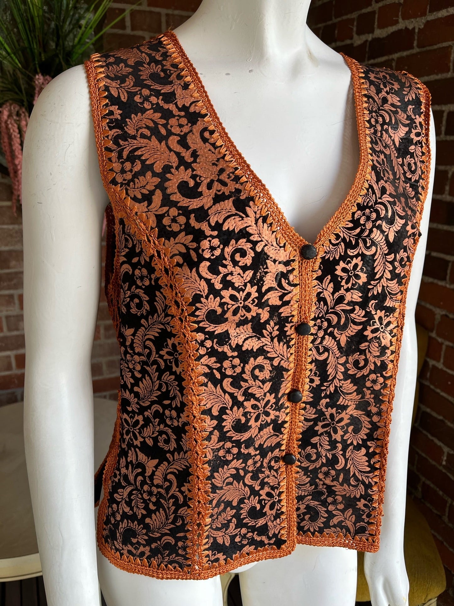 1970s Copper Bronze Hand-painted Crochet Suede Vest