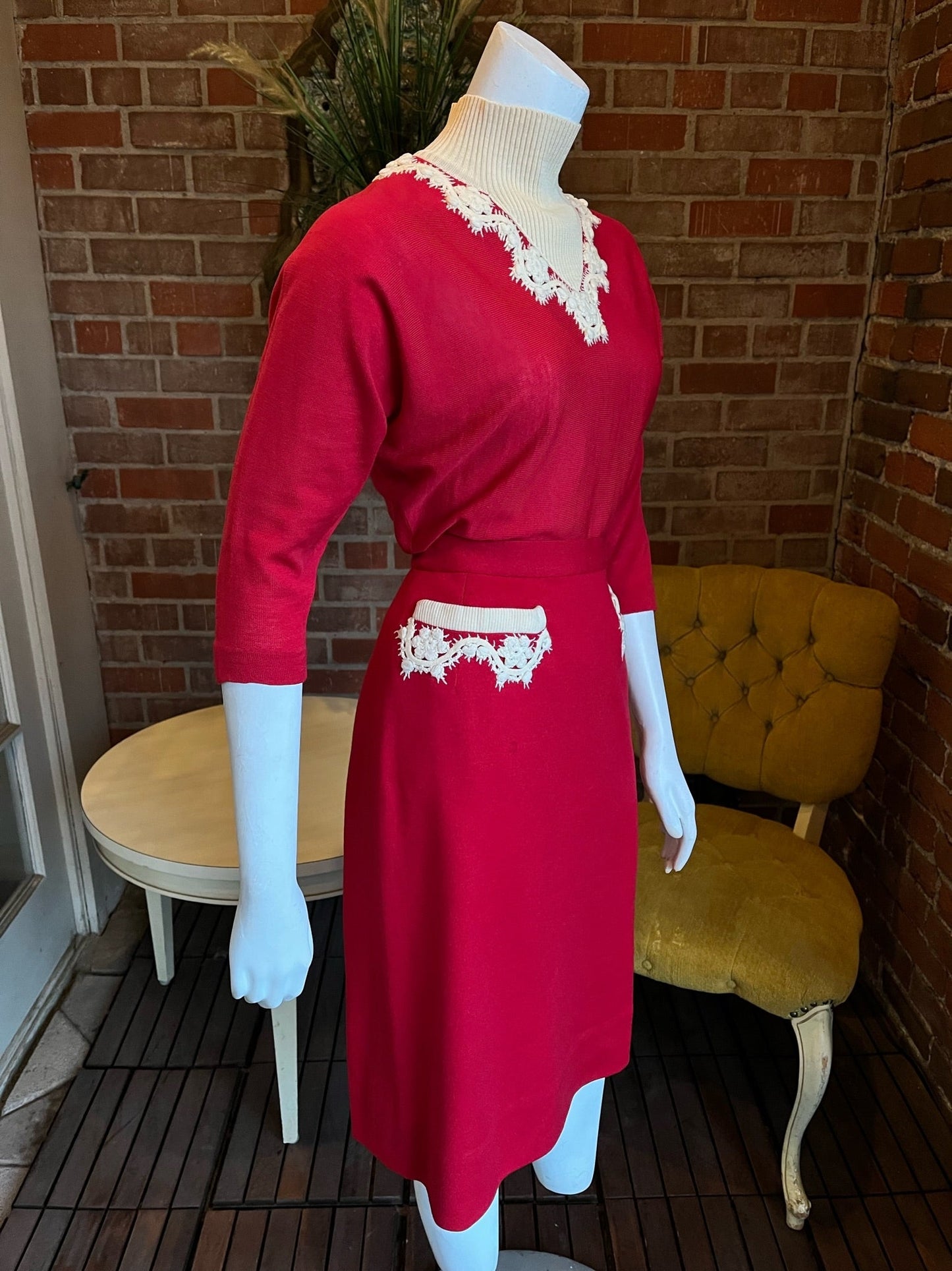 1950s Austrian Knit Sweater Skirt Set Cherry Red