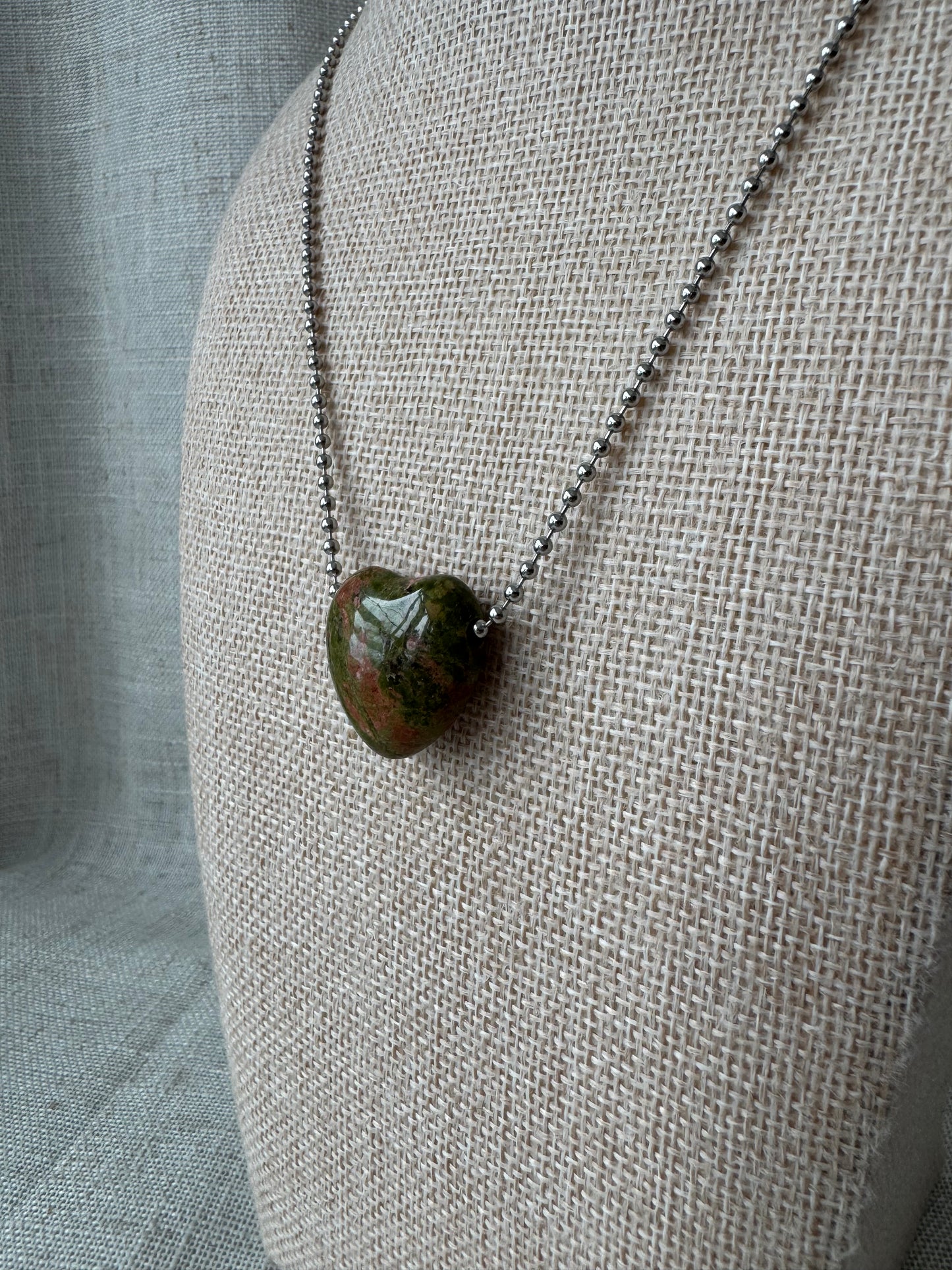 Unakite Green Heart Necklace