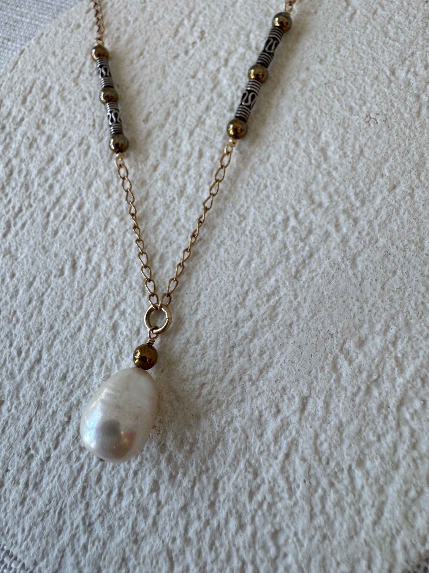Teardrop Pearl and Bali Beads Necklace