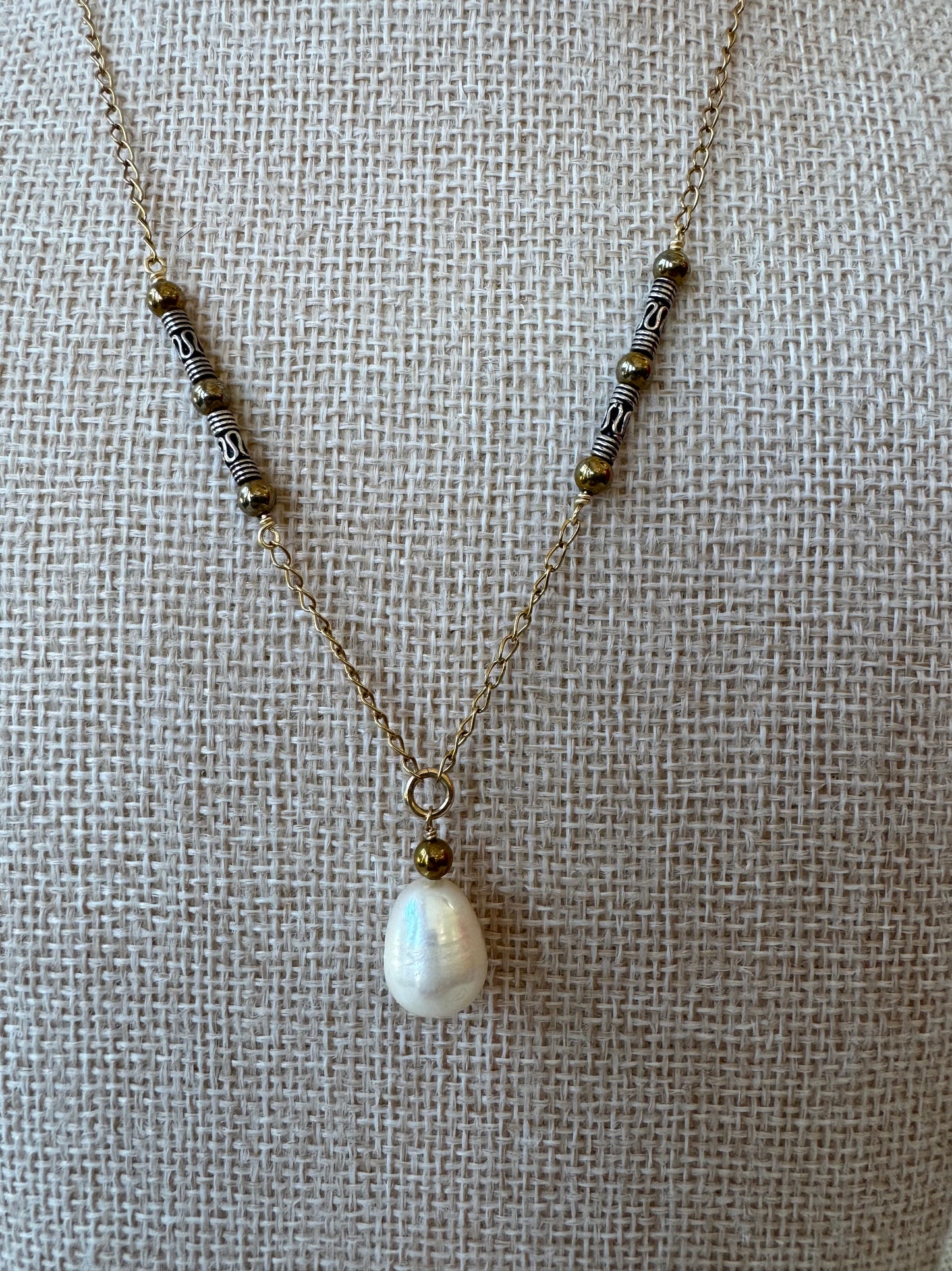 Teardrop Pearl and Bali Beads Necklace