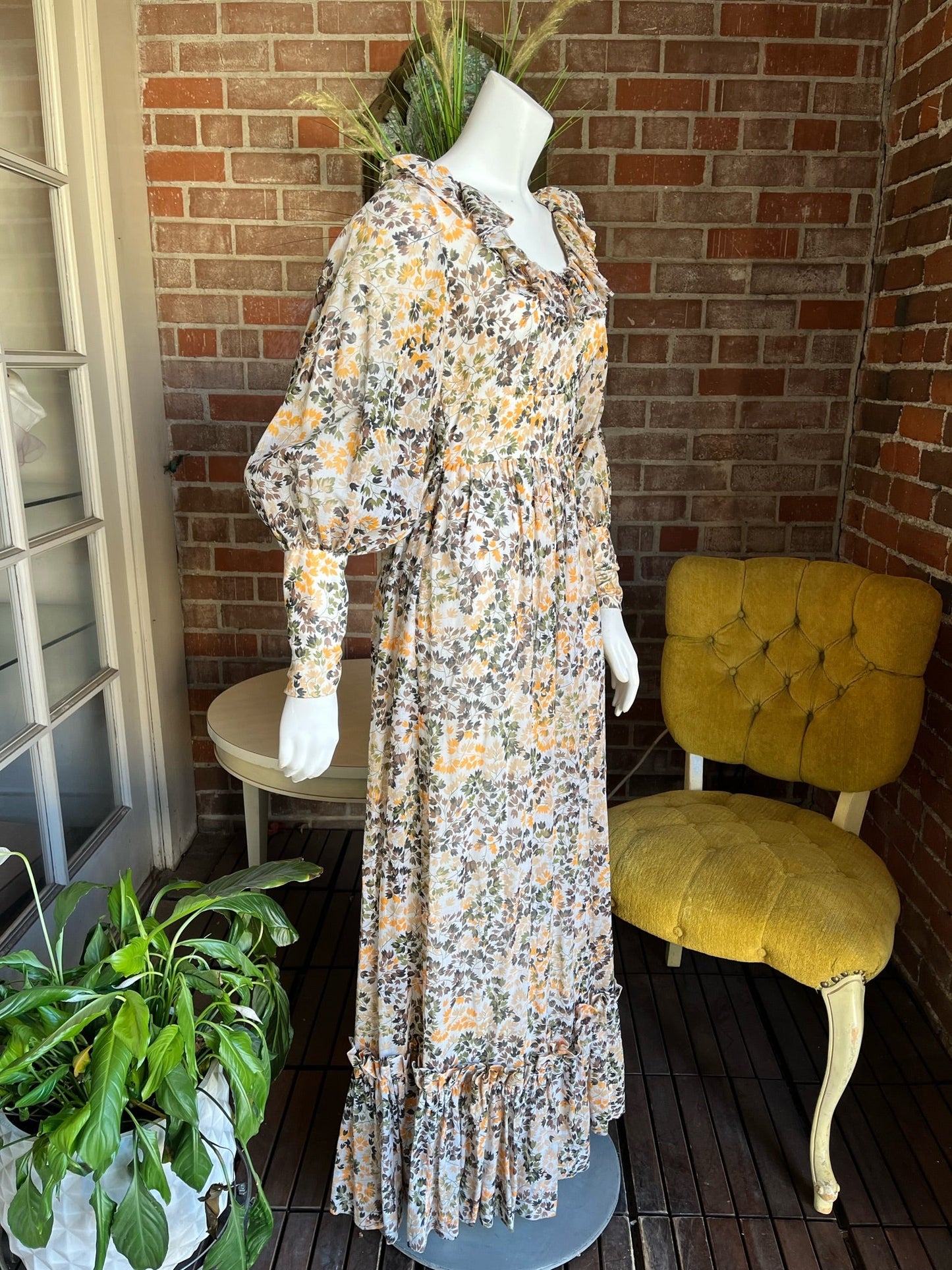 1970s Sheer Autumn Foliage Dress