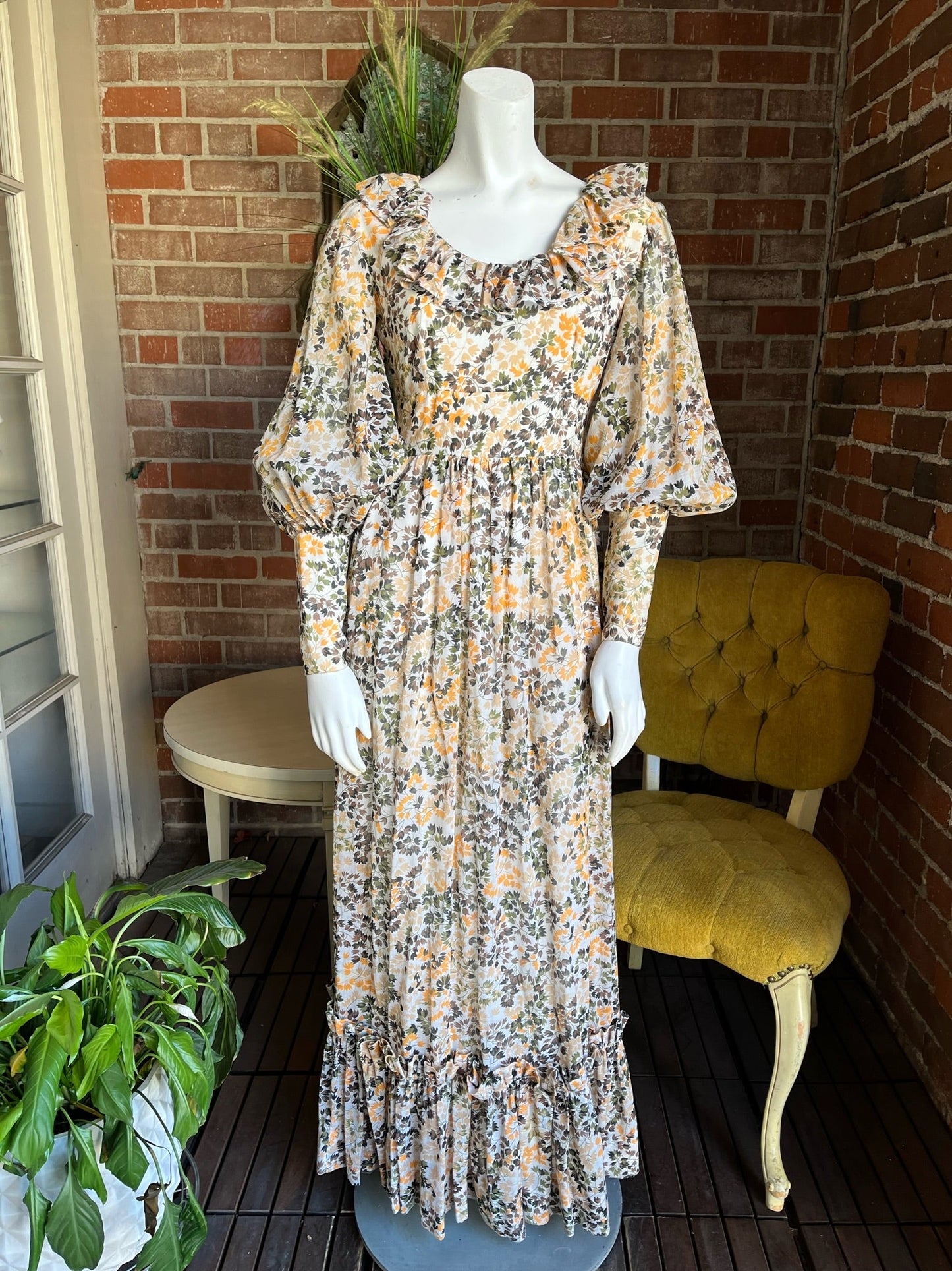 1970s Sheer Autumn Foliage Dress