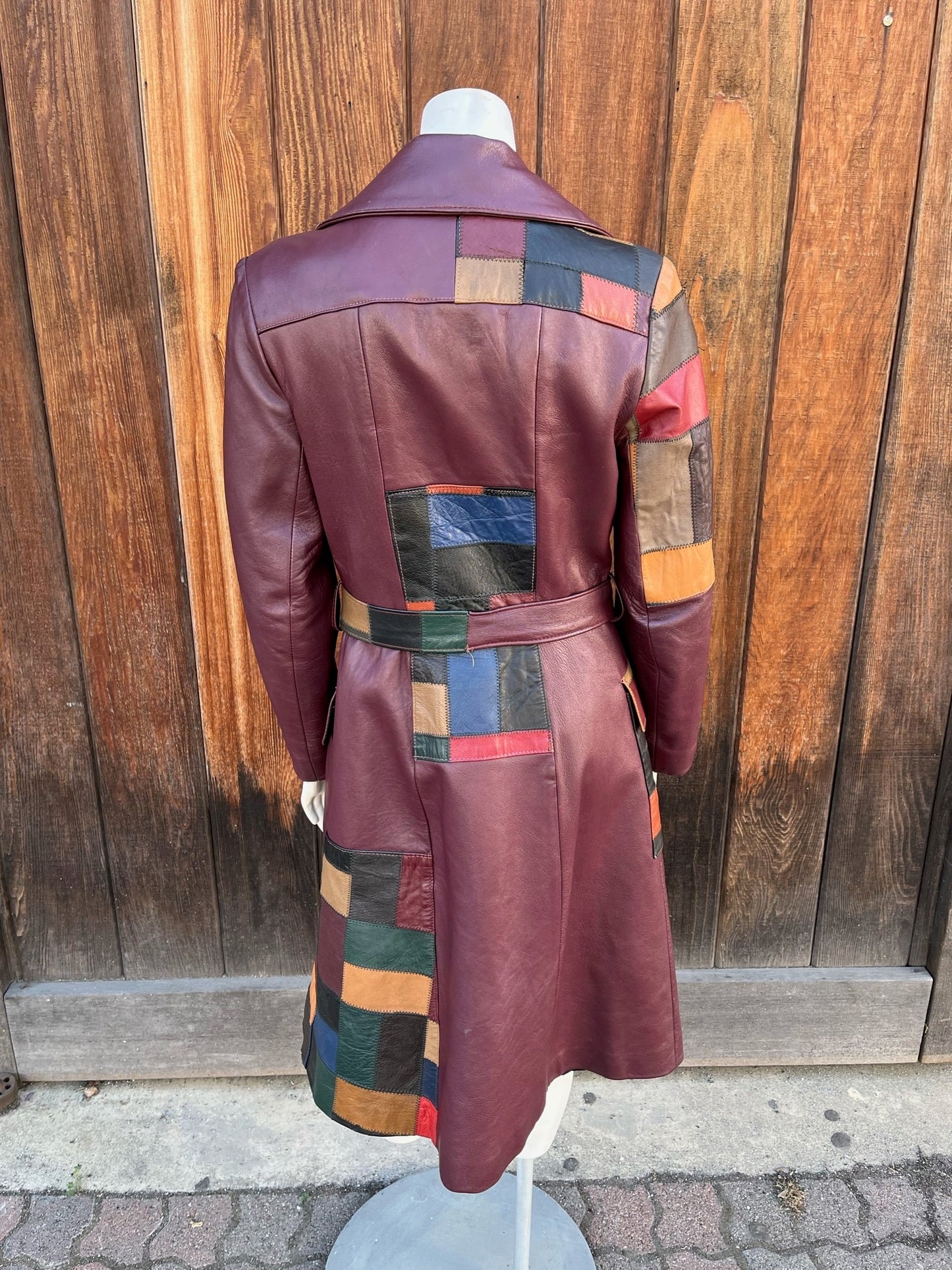 1970s Burgundy Ox Blood Patchwork Leather Trench