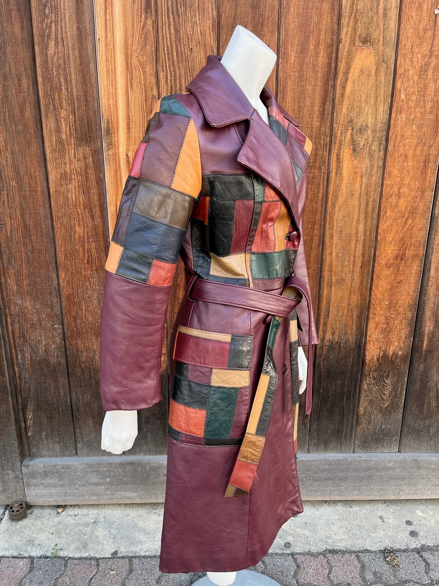 1970s Burgundy Ox Blood Patchwork Leather Trench