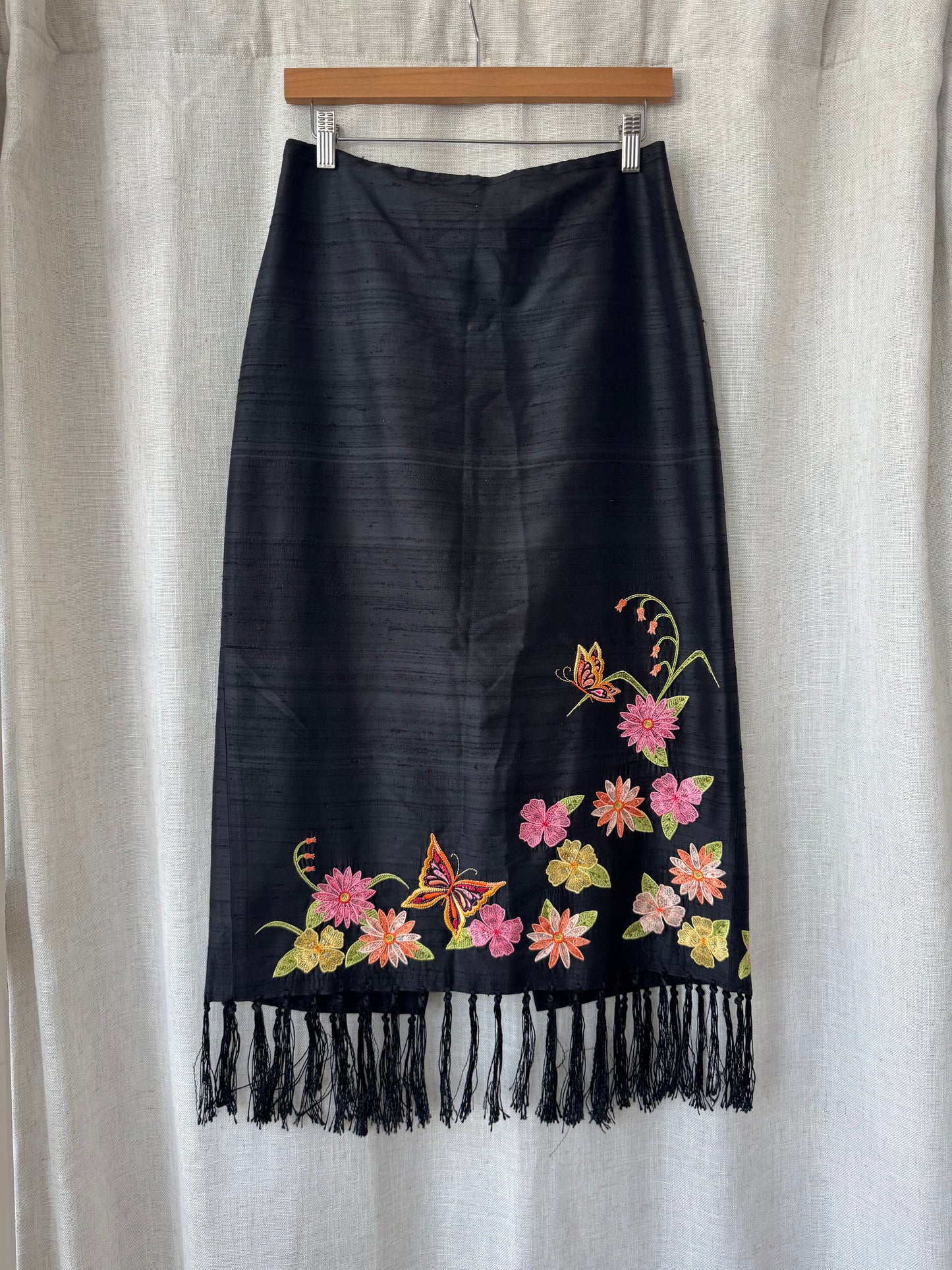 Embroidered Silk Fringe Skirt