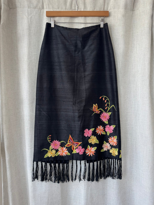 Embroidered Silk Fringe Skirt