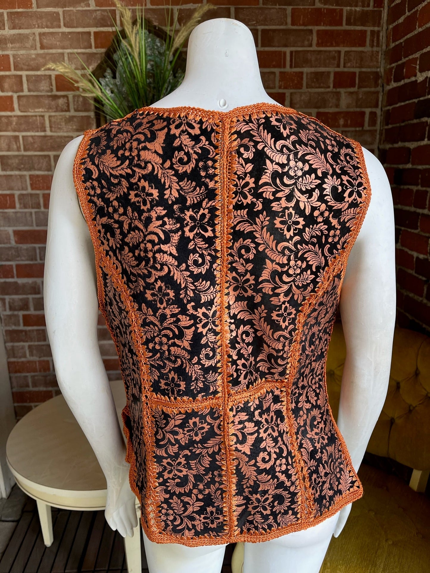 1970s Copper Bronze Hand-painted Crochet Suede Vest