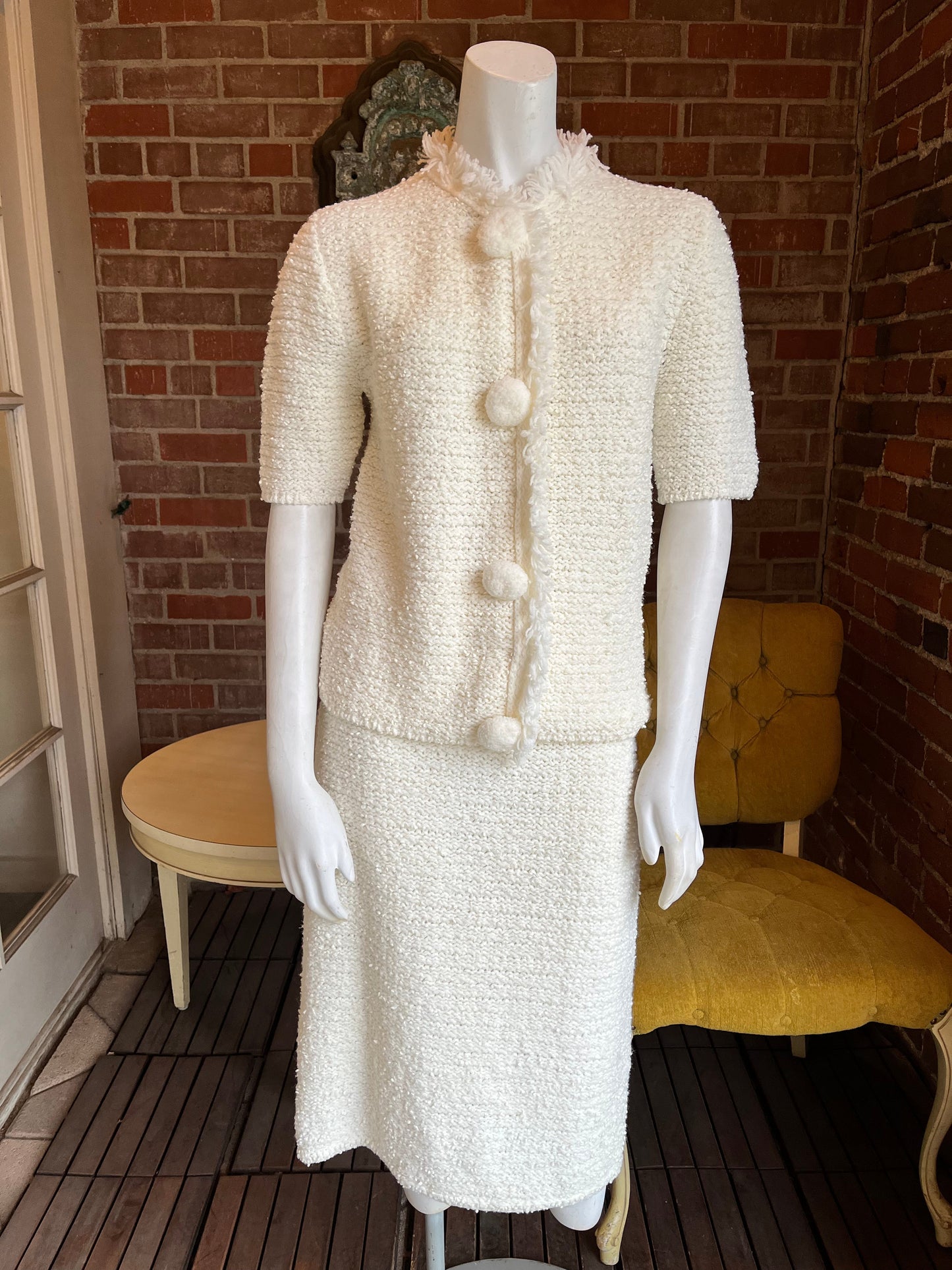 1960s White Knit Sweater Skirt Set